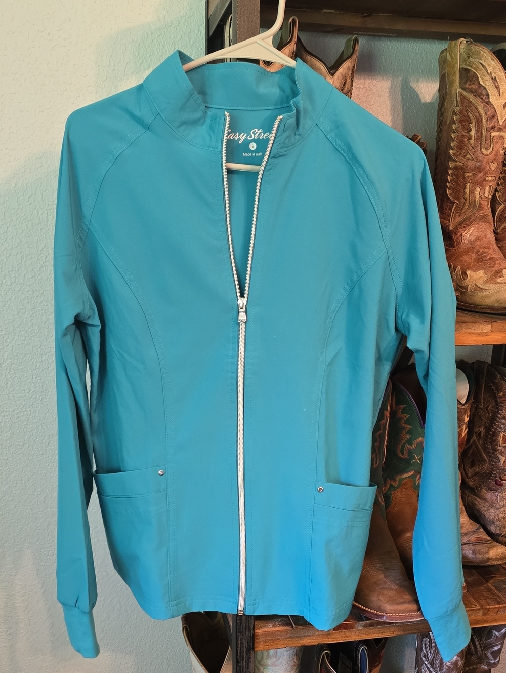 easy stretch turquoise zip-front utility jacket